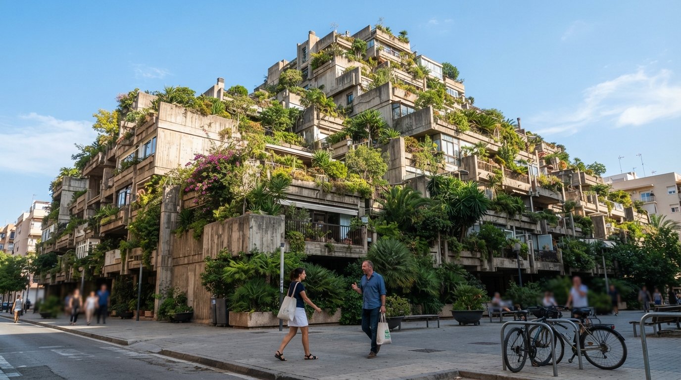通りの高さから見たエスパイ・ベルド、植物が絡まるコンクリートのテラスが青いバレンシアの空を背景にブルータリストの垂直の村としてそびえる