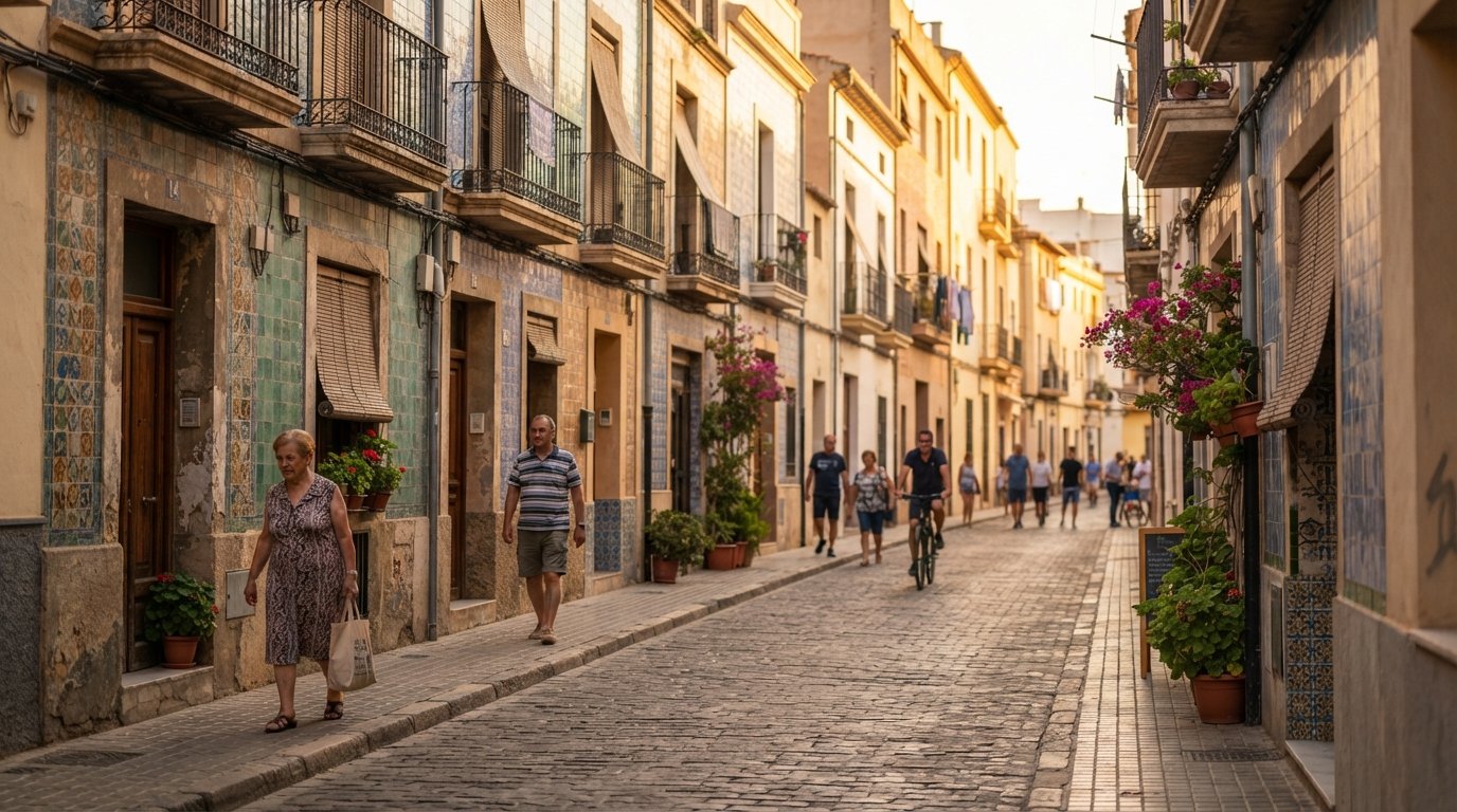tiled fishermen’s cottages along Carrer de Sant Pere in El Cabanyal, low two-storey façades glowing in late-afternoon light