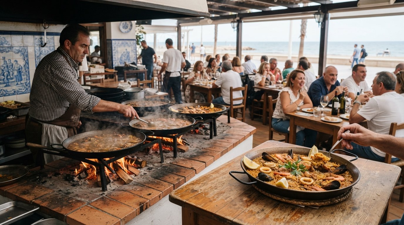 Casa Carmela on the Malvarrosa seafront, orange-wood paella fire and a finished arròs del senyoret at lunch