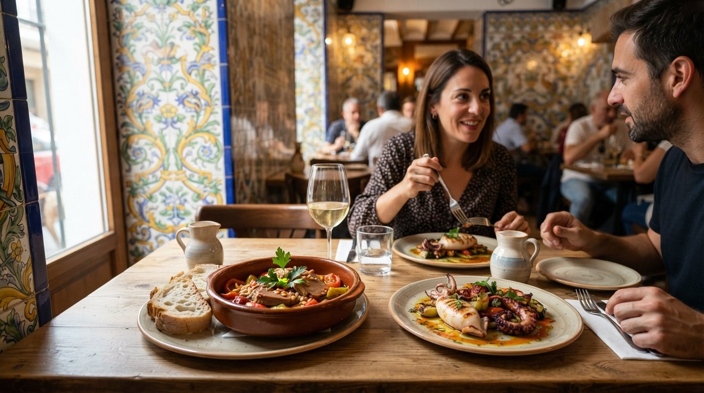 the colourful tiled dining room of La Sastrería, design-led seafood plating and a dish of titaina on the table
