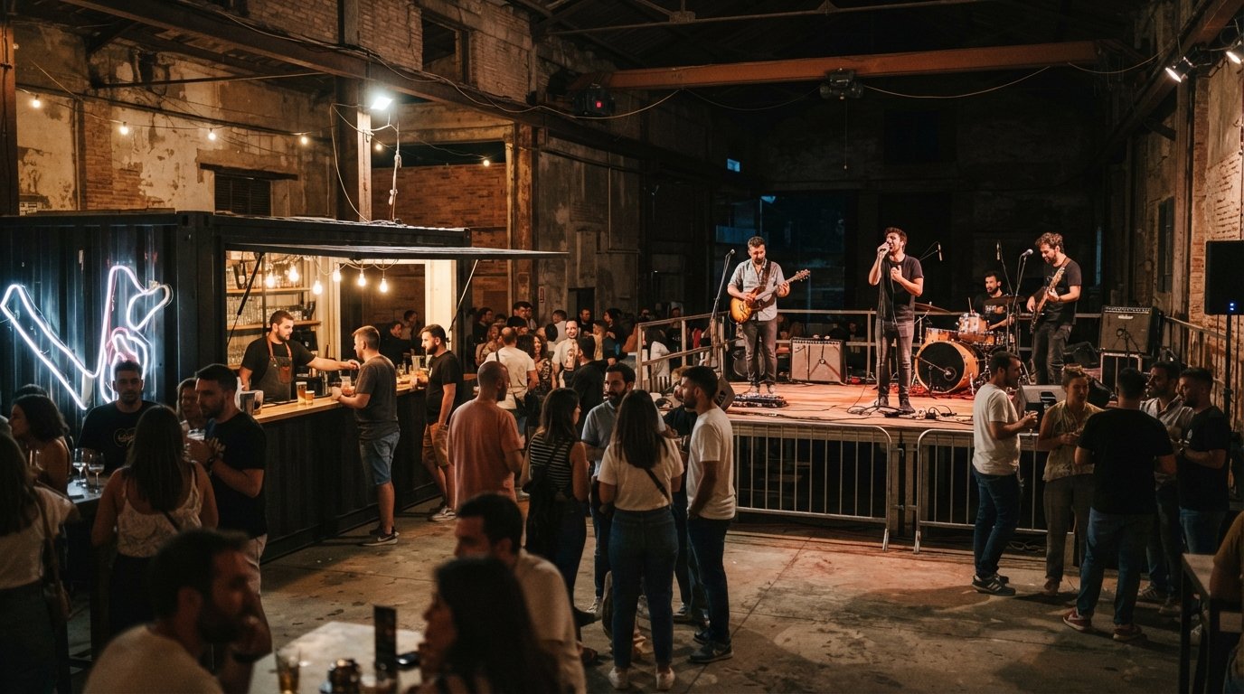 La Fábrica de Hielo at night, former ice factory warehouse with shipping-container bar and a live band on stage