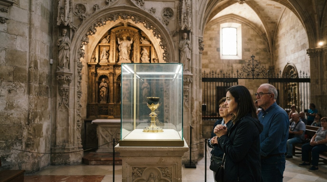 the Santo Cáliz chapel inside Valencia Cathedral, soft light on the agate chalice behind glass with carved stone and quiet visitors in frame