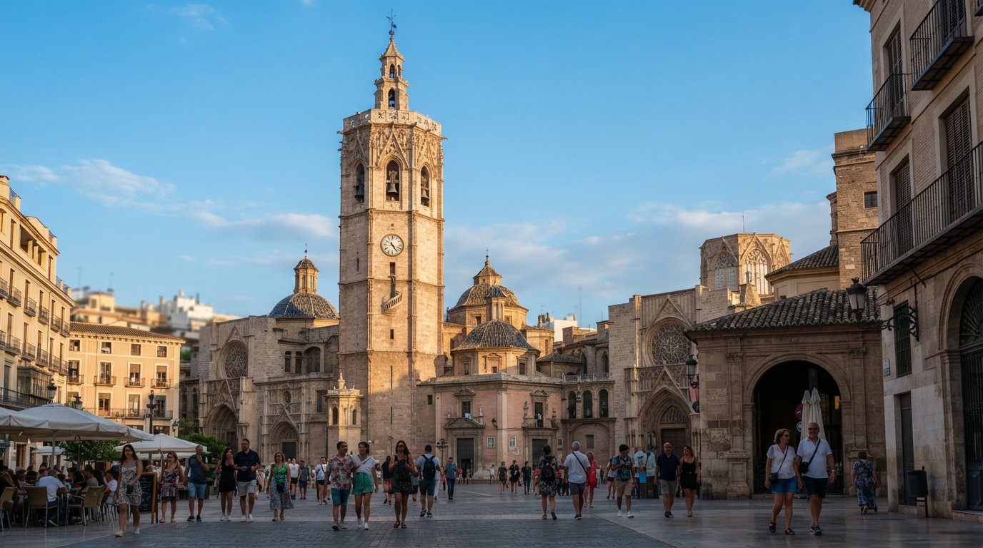 the Miguelete bell tower rising above Valencia Cathedral at golden hour, octagonal stone shaft and narrow spiral stair windows visible against a blue sky