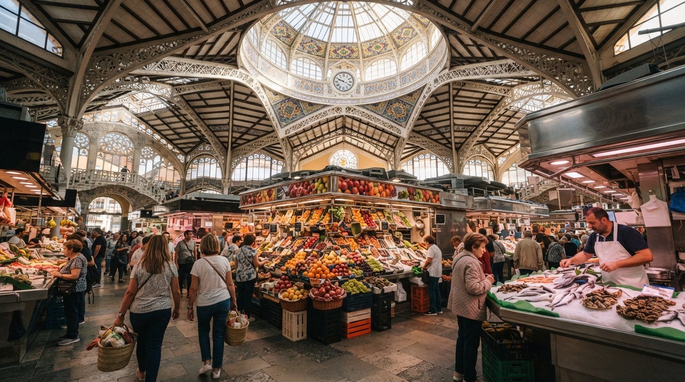 the modernista dome and ironwork interior of Mercado Central, market stalls below with fruit, seafood and warm morning light filtering through glass