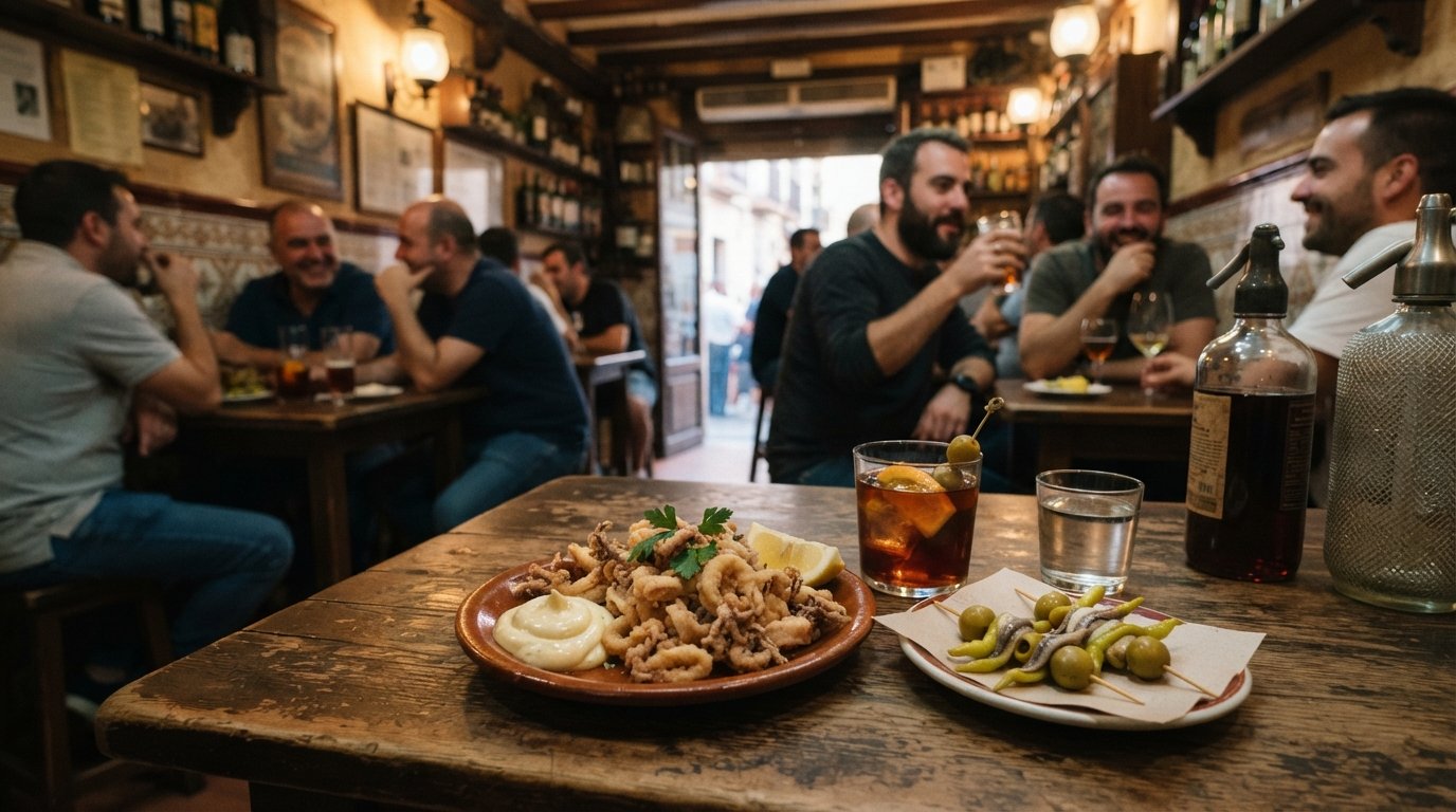 a plate of puntillas with aioli and gildas at Taberna La Samorra, rustic tavern table, vermut glass and warm evening light