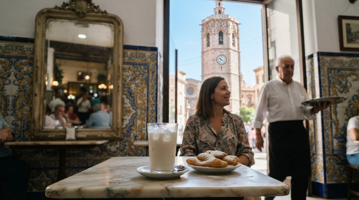 horchata and fartons at Horchatería de Santa Catalina, Manises tiled walls, old café mirror and a small marble table by the church tower