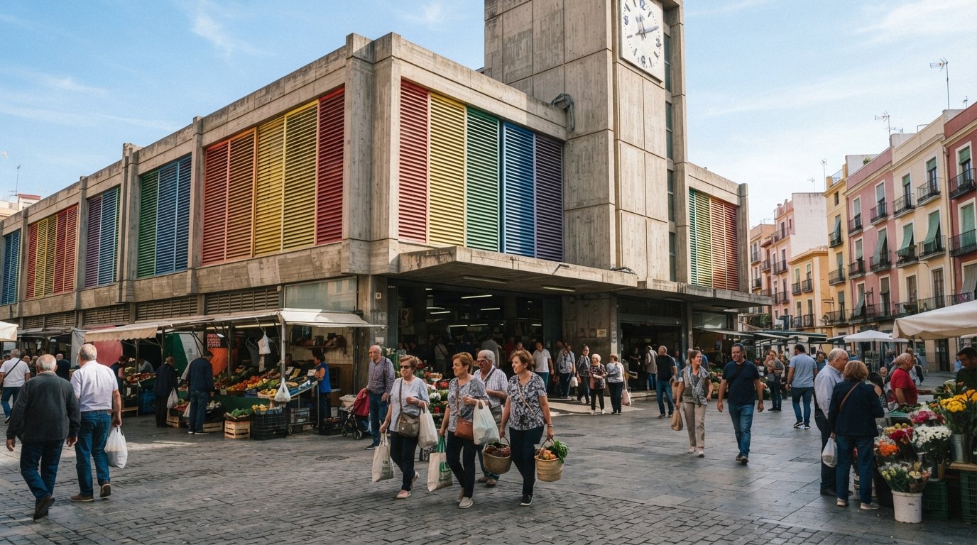 De brutalistische betonnen gevel van Mercado de Ruzafa met zijn regenboogzonwering die oplicht in het late ochtendlicht, het marktplein druk met shoppers