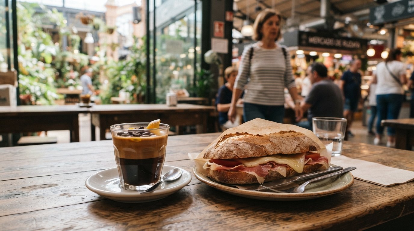 Een cremaet en een bocadillo bij La Cantina de Ruzafa, van dichtbij op een klein tafeltje met het tuinachtige licht van de markt op de achtergrond