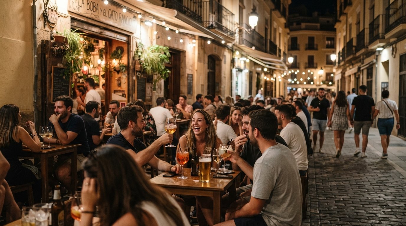 Het terras van La Boba y el Gato Rancio op Cuba 's nachts, drukke tafels, warme straatverlichting en cocktailglazen die de gloed vangen